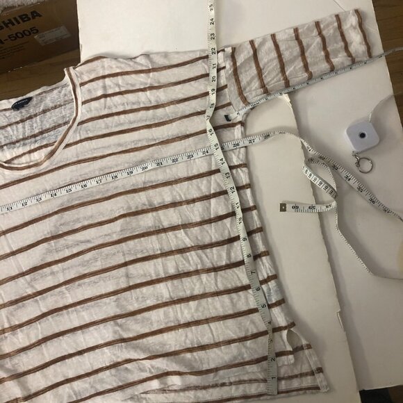 CLUB MONACO 100% Linen‎ Cream Brown Stripe 3/4 Sleeve Oversize Shirt Sz M/L - Picture 13 of 13